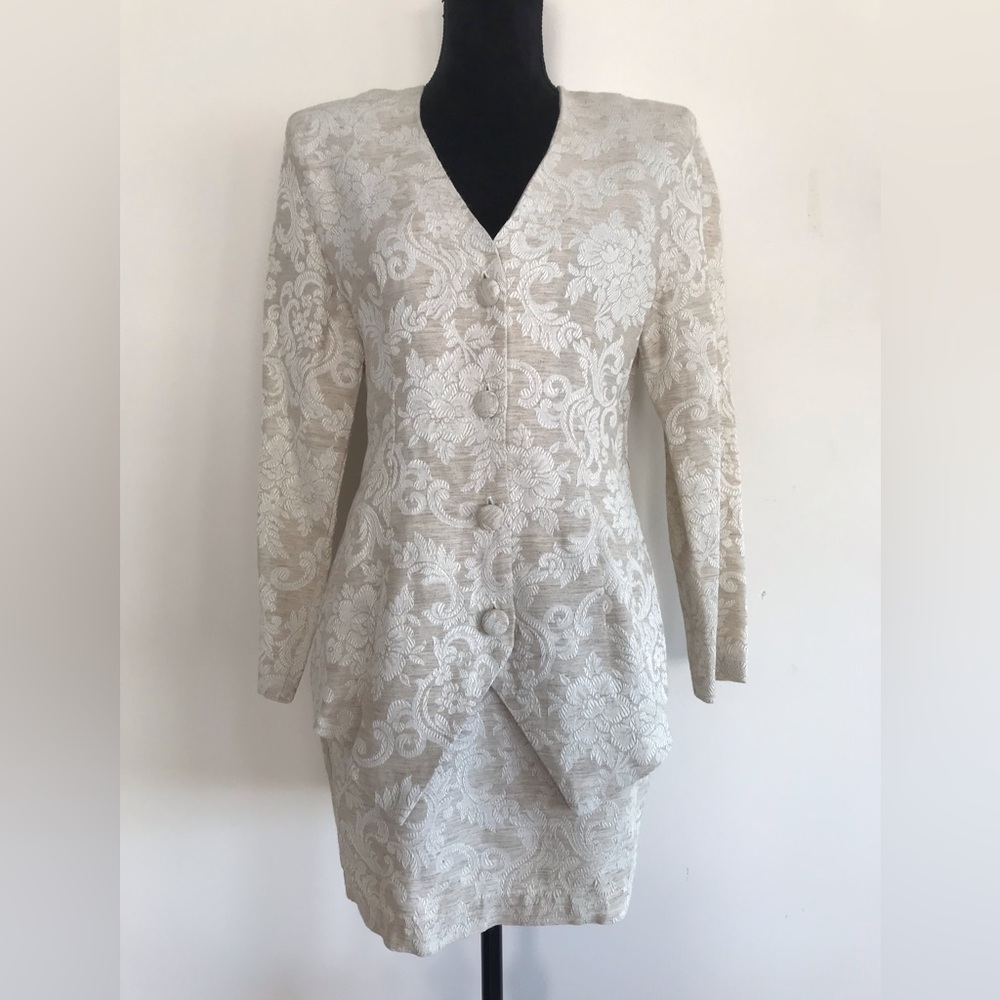 Vintage Linen Blend Brocade Skirt Suit 2 Piece Set